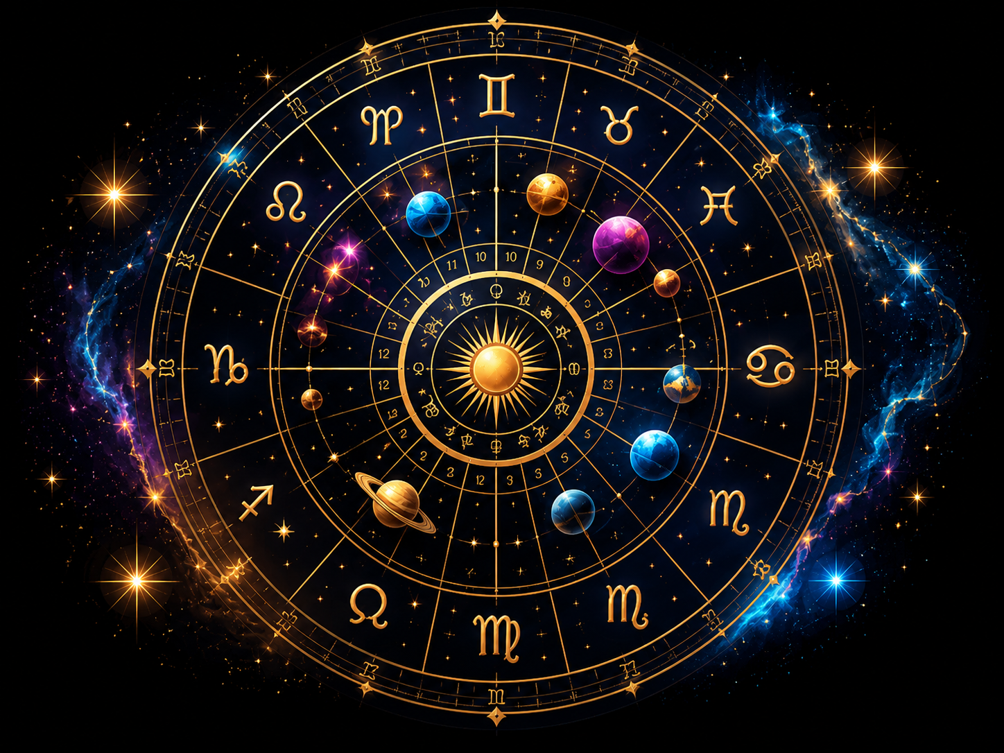 Roue astrale dorée avec signes du zodiaque et planètes